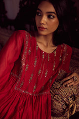 Chanderi Hand Embroidered Kurta - Red