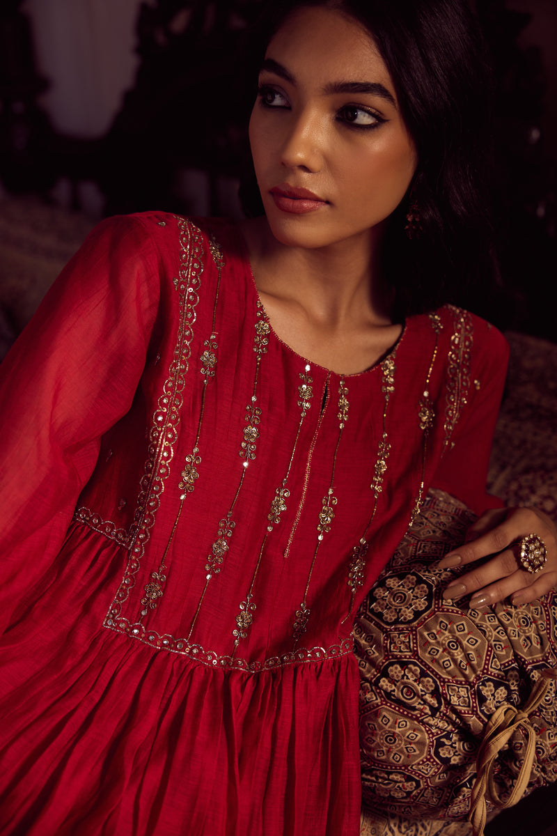 Chanderi Hand Embroidered Kurta - Red