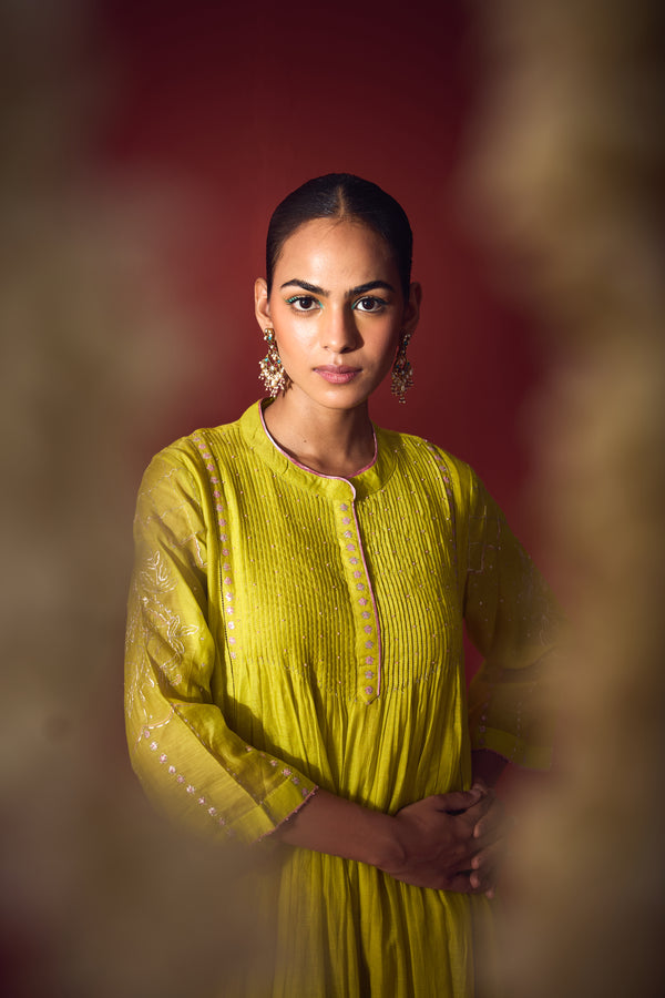 Chanderi Hand Embroidered Kurta - Green