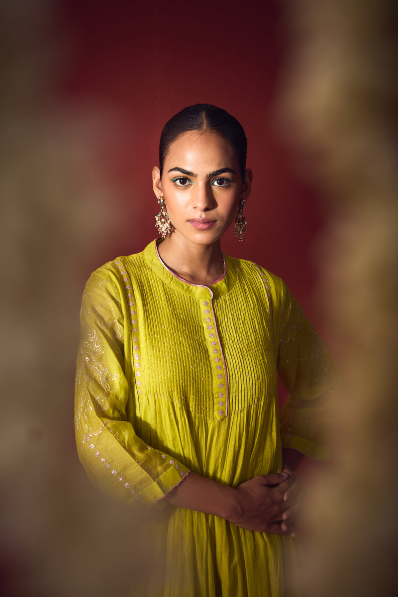Chanderi Hand Embroidered Kurta - Green