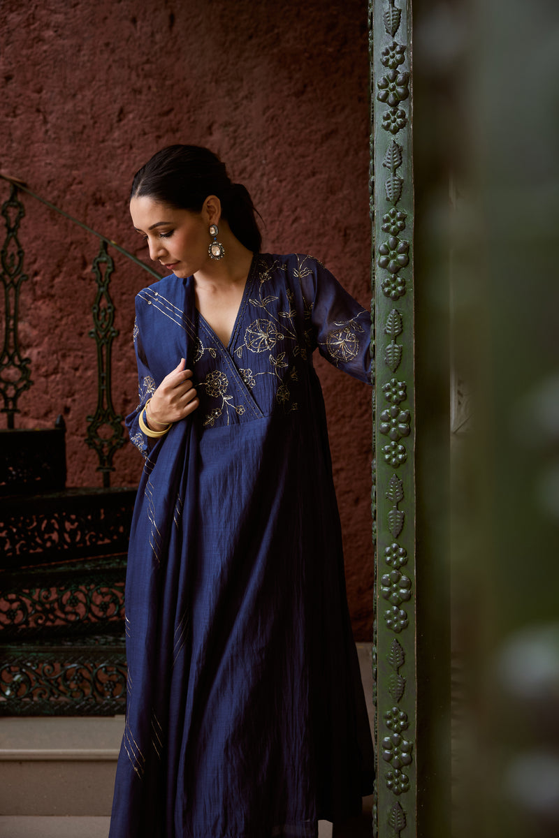 Chanderi Hand Embroidered Kurta - Blue