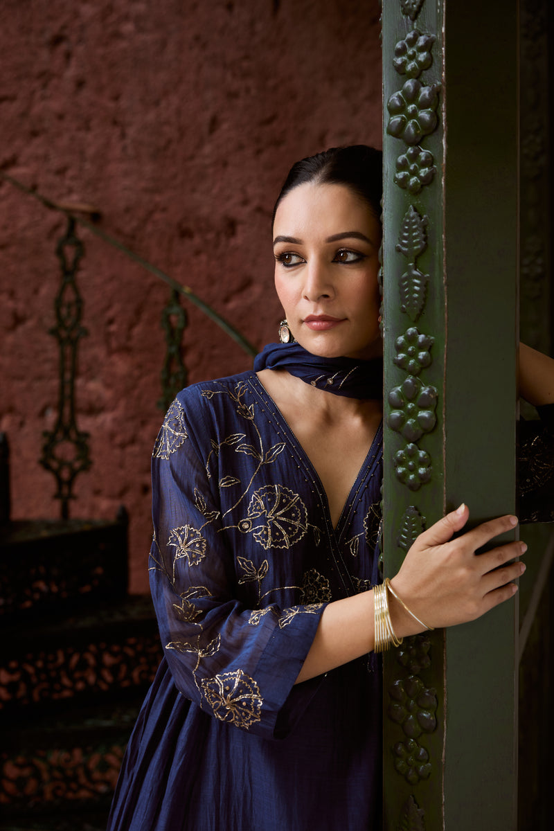 Chanderi Hand Embroidered Kurta - Blue