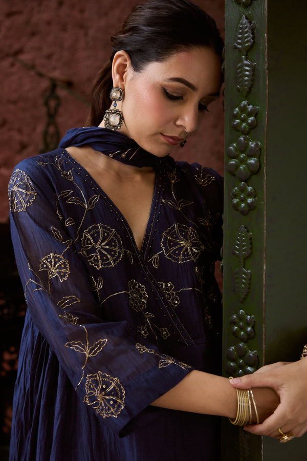 Chanderi Hand Embroidered Kurta - Blue