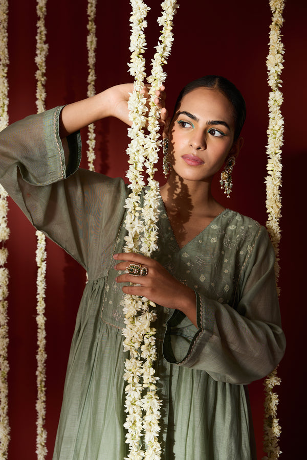 Chanderi Hand Embroidered Kurta - Green