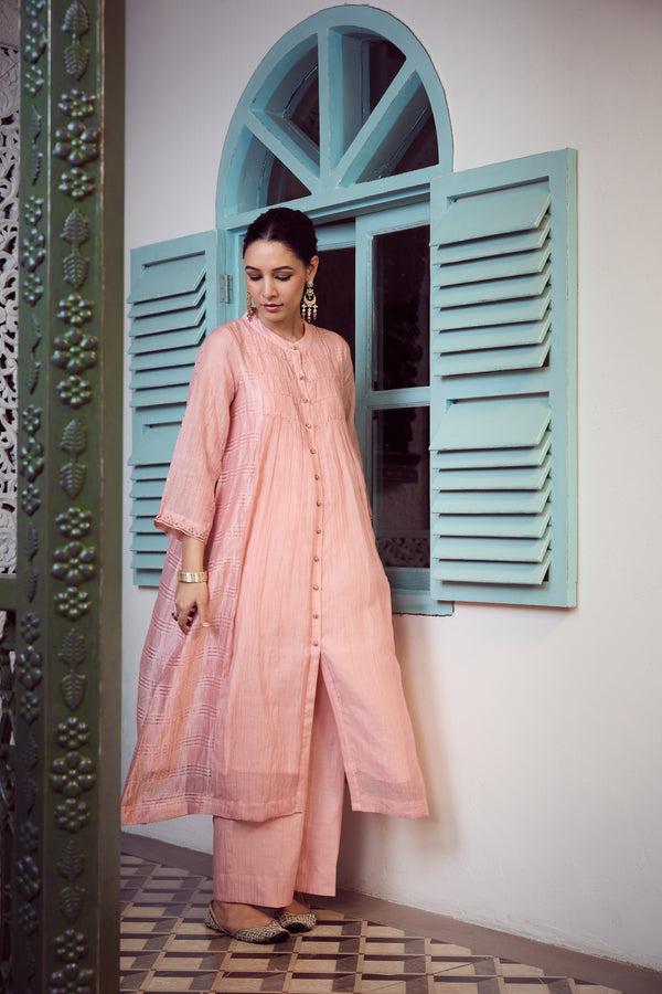 Chanderi Hand Embroidered Kurta - Peach