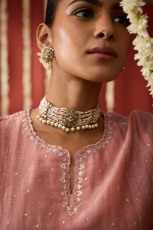 Chanderi Hand Embroidered Kurta - Pink