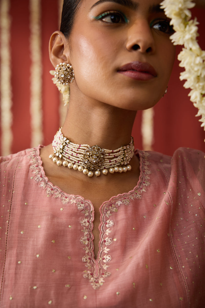 Chanderi Hand Embroidered Kurta - Pink