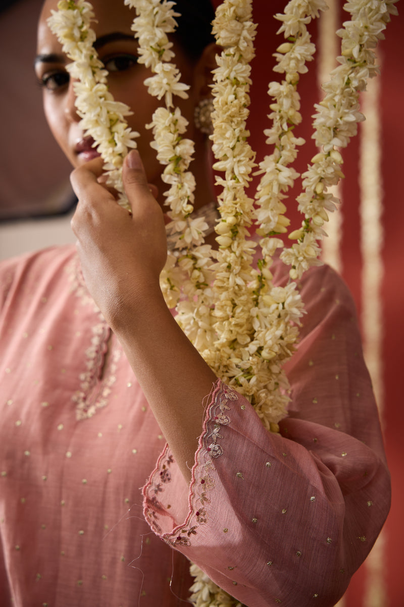 Chanderi Hand Embroidered Kurta - Pink