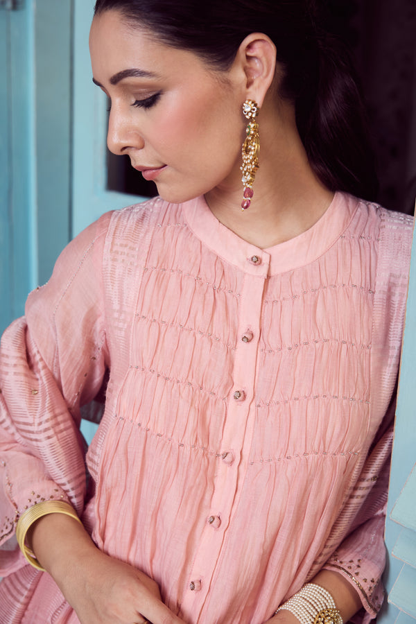 Chanderi Hand Embroidered Kurta - Peach