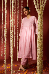 Chanderi Hand Embroidered Kurta - Pink