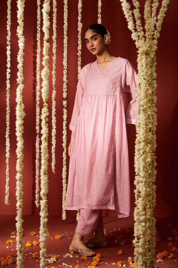 Chanderi Hand Embroidered Kurta - Pink