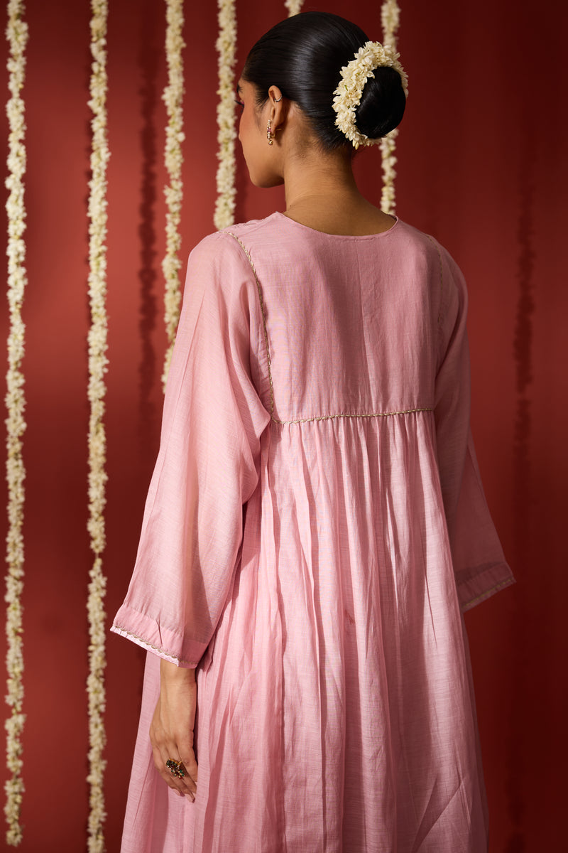 Chanderi Hand Embroidered Kurta - Pink