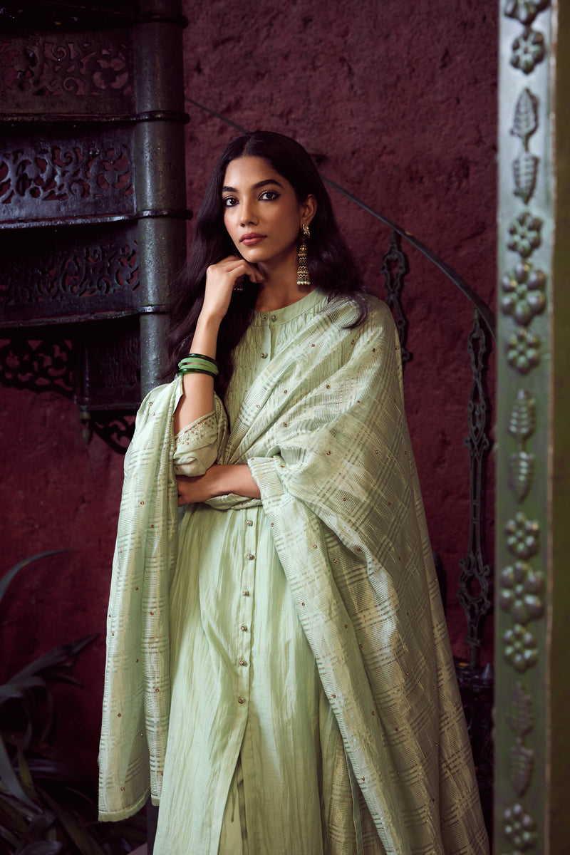Chanderi Hand Embroidered Kurta - Green