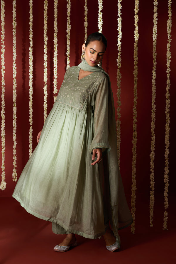 Chanderi Hand Embroidered Kurta - Green