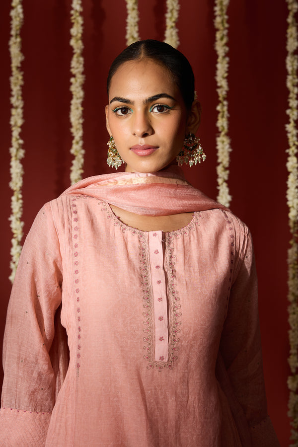 Chanderi Hand Embroidered Kurta - Pink