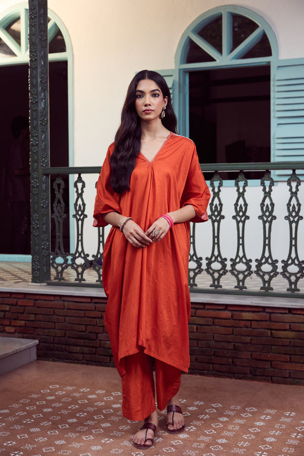 Silk Hand Embroidered Kaftan - Rust