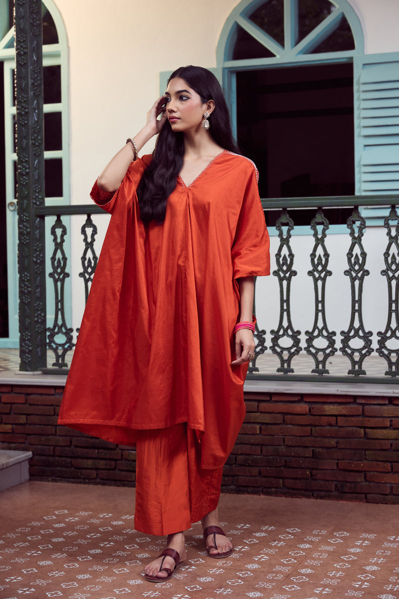 Silk Hand Embroidered Kaftan - Rust