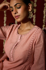 Chanderi Hand Embroidered Kurta - Pink