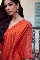 Silk Hand Embroidered Kaftan - Rust