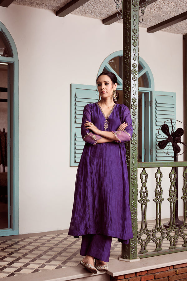 Chanderi Hand Embroidered Kurta - Purple