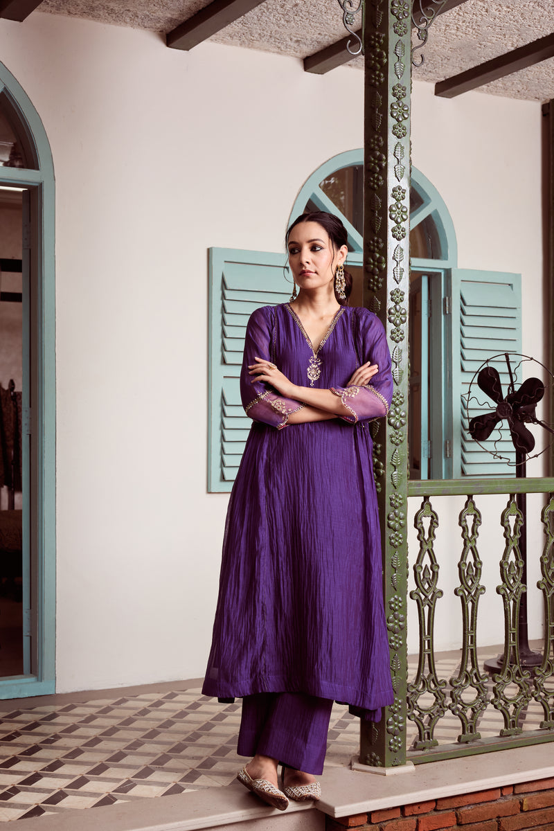 Chanderi Hand Embroidered Kurta - Purple