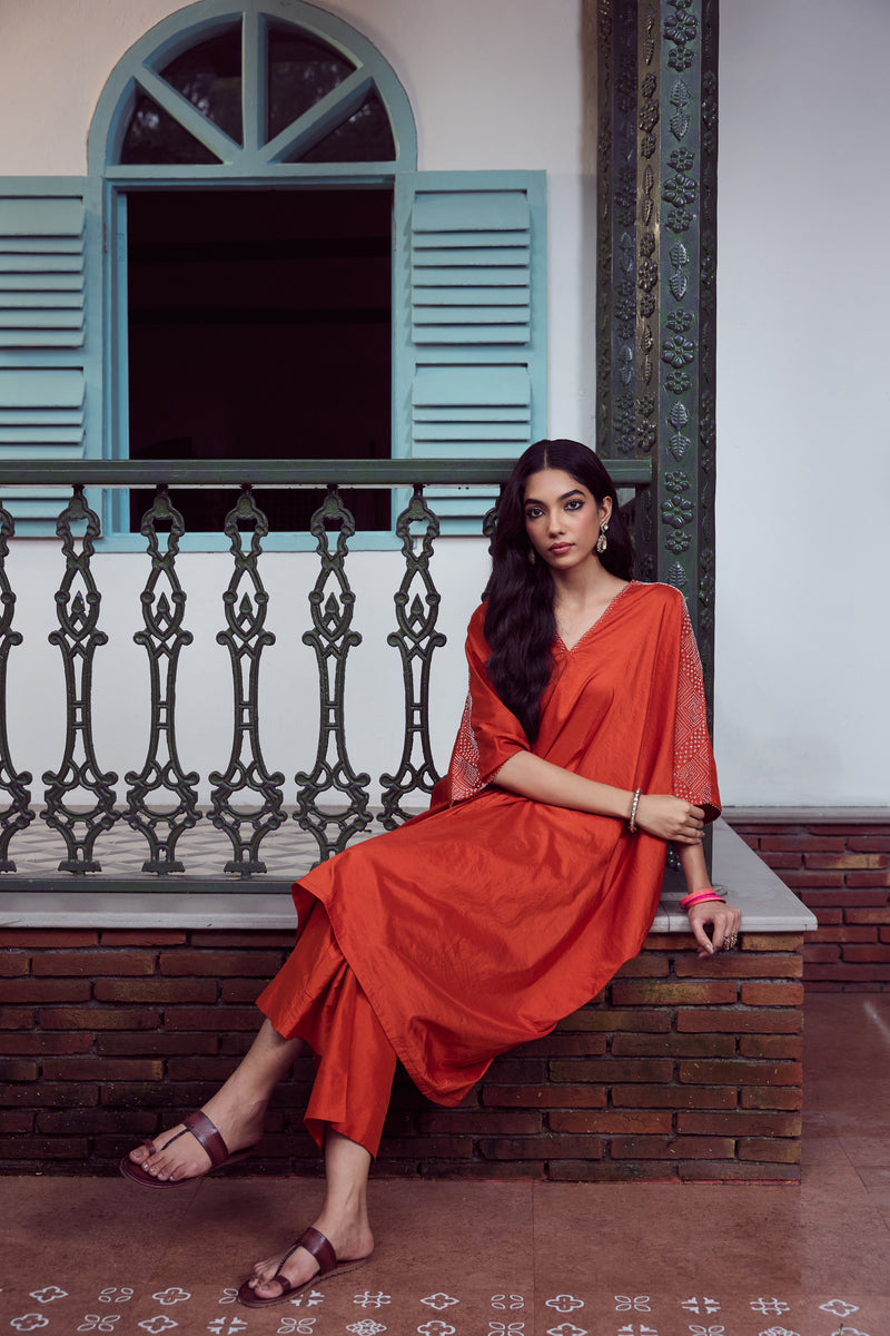 Silk Hand Embroidered Kaftan - Rust