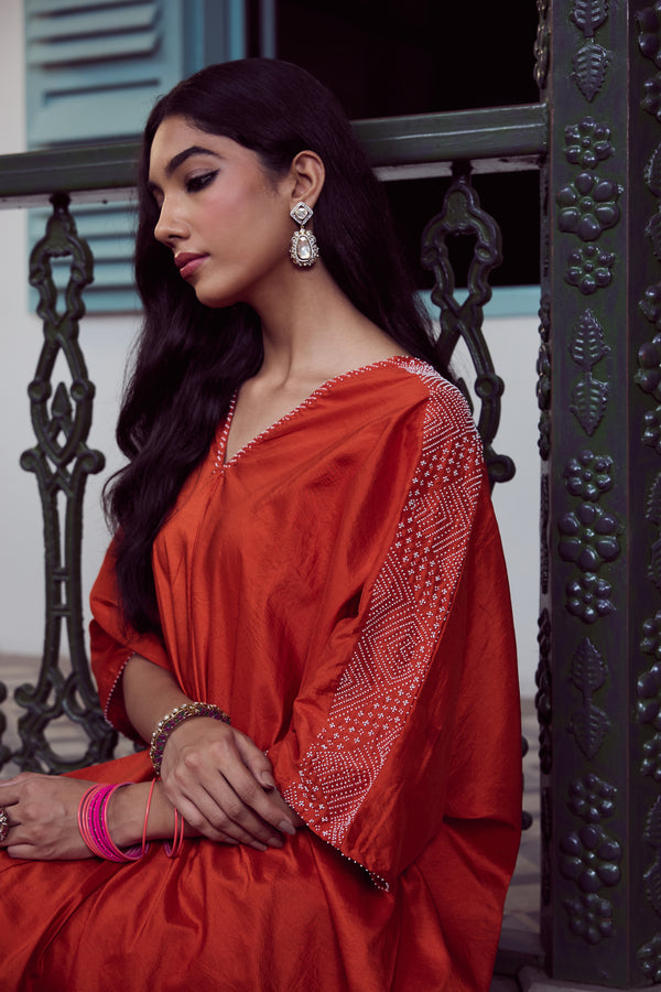 Silk Hand Embroidered Kaftan - Rust
