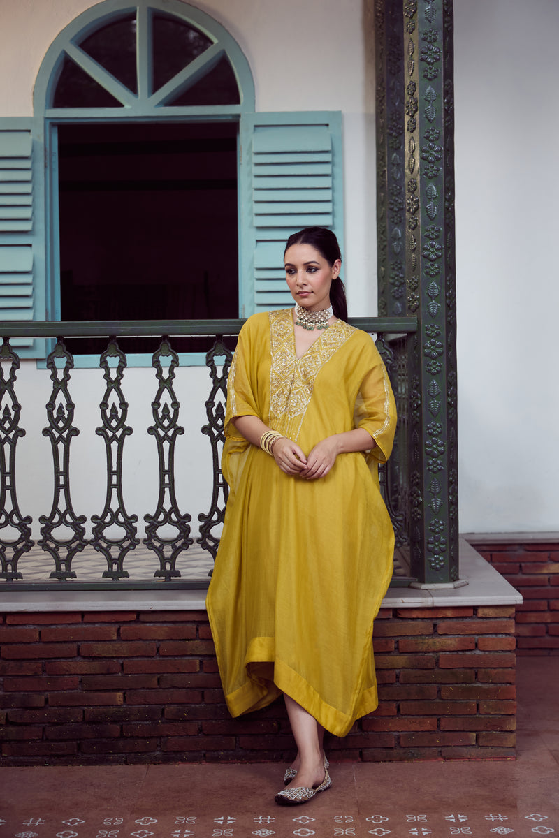 Chanderi Hand Embroidered Kaftan - Yellow