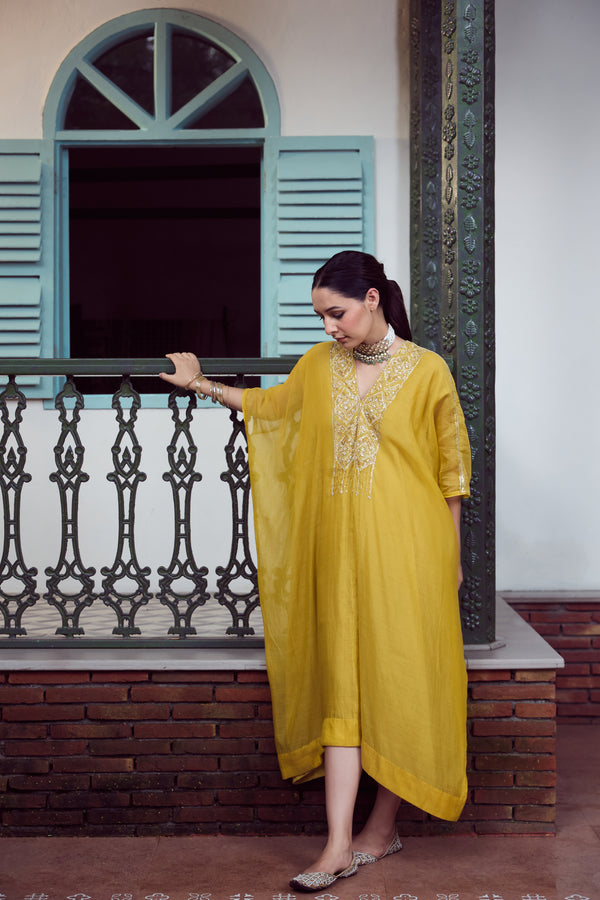 Chanderi Hand Embroidered Kaftan - Yellow