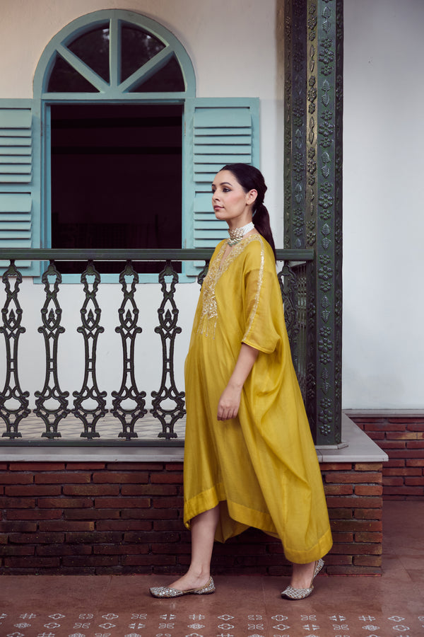 Chanderi Hand Embroidered Kaftan - Yellow