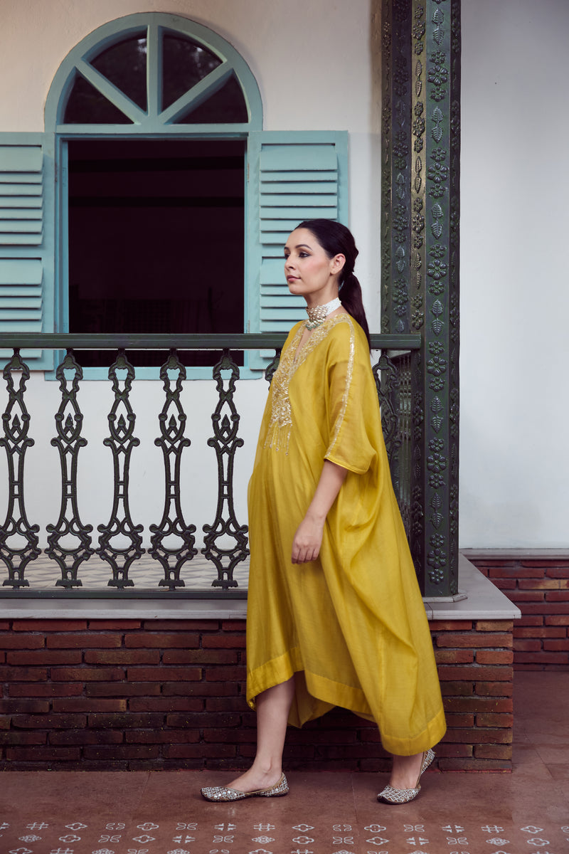Chanderi Hand Embroidered Kaftan - Yellow