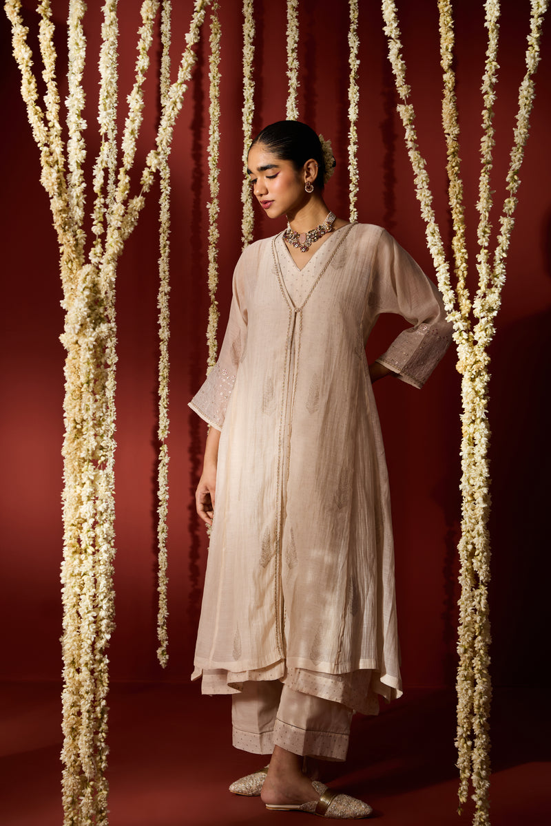 Chanderi Hand Embroidered Kurta - Beige