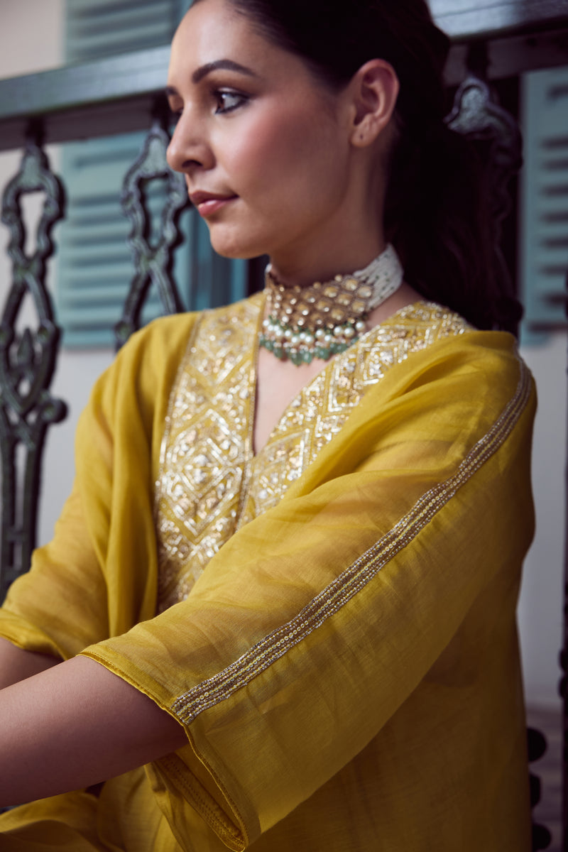 Chanderi Hand Embroidered Kaftan - Yellow