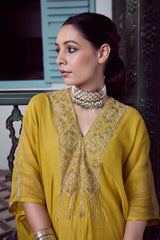 Chanderi Hand Embroidered Kaftan - Yellow