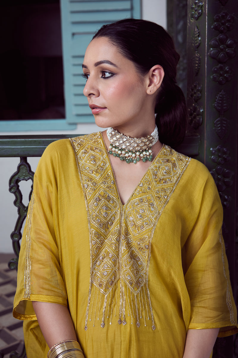 Chanderi Hand Embroidered Kaftan - Yellow