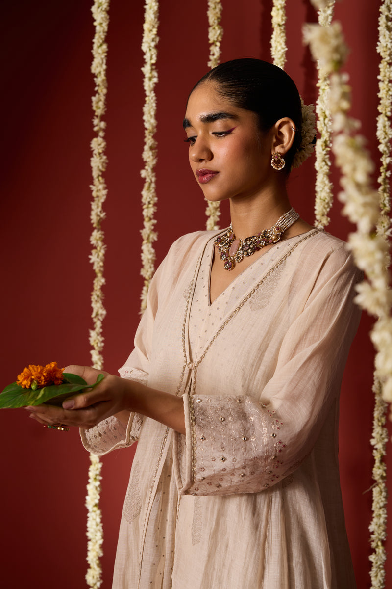 Chanderi Hand Embroidered Kurta - Beige