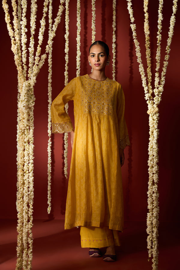 Chanderi Hand Embroidered Kurta - Yellow