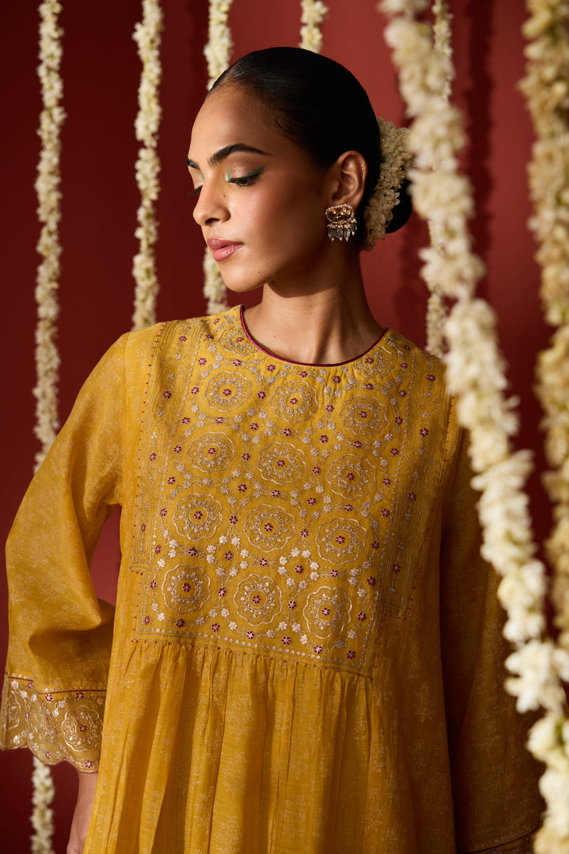 Chanderi Hand Embroidered Kurta - Yellow