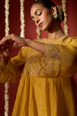 Chanderi Hand Embroidered Kurta - Yellow