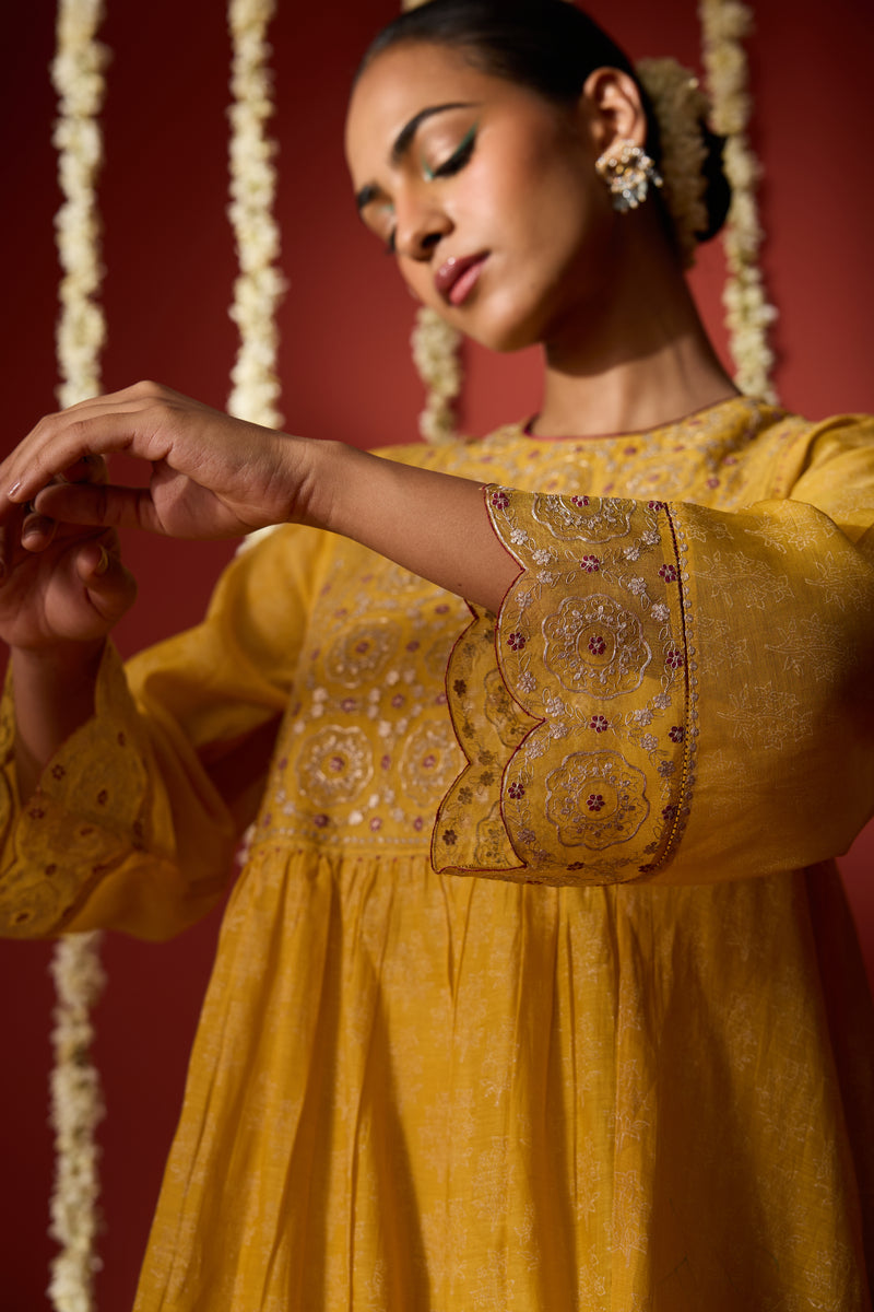 Chanderi Hand Embroidered Kurta - Yellow