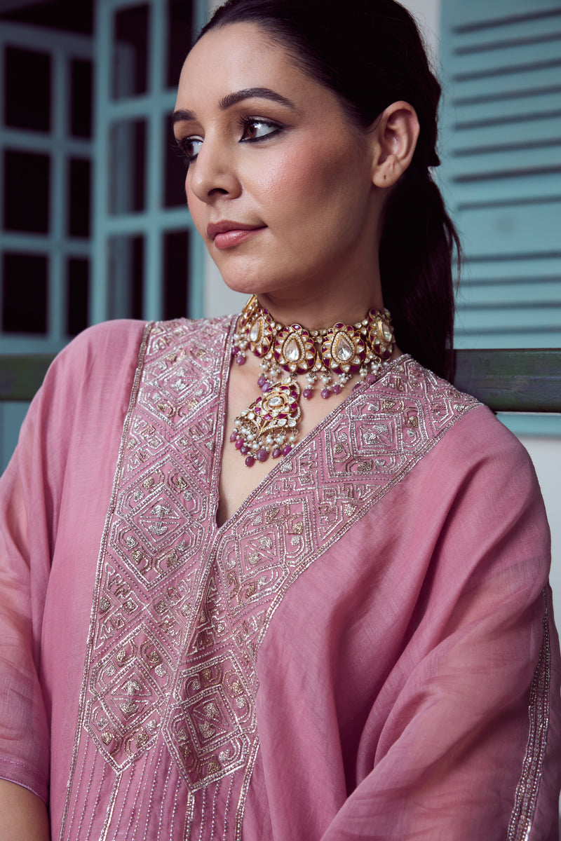 Chanderi Hand Embroidered Kaftan - Pink