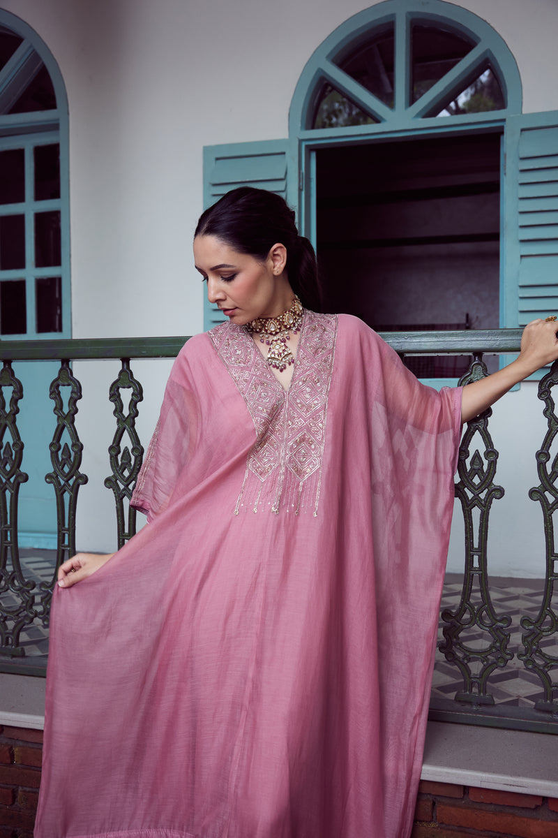 Chanderi Hand Embroidered Kaftan - Pink