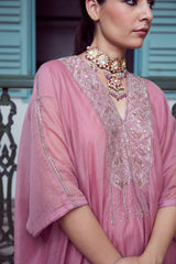 Chanderi Hand Embroidered Kaftan - Pink