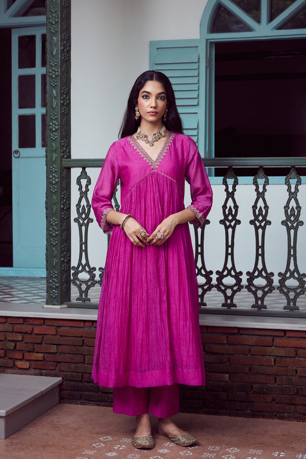 Chanderi Hand Embroidered Kurta - Purple