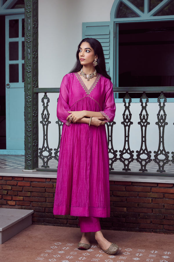Chanderi Hand Embroidered Kurta - Purple