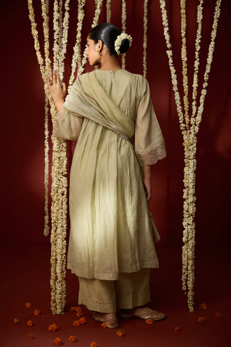 Chanderi Hand Embroidered Kurta - Green