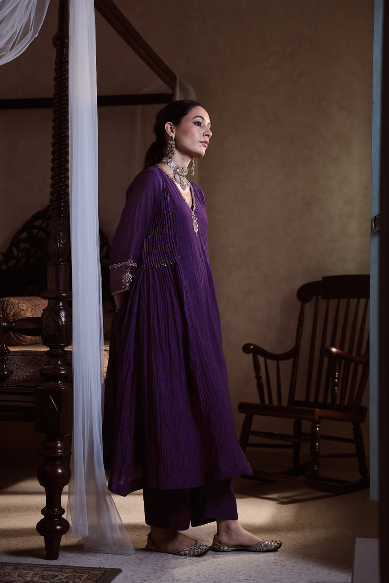 Chanderi Hand Embroidered Kurta - Purple