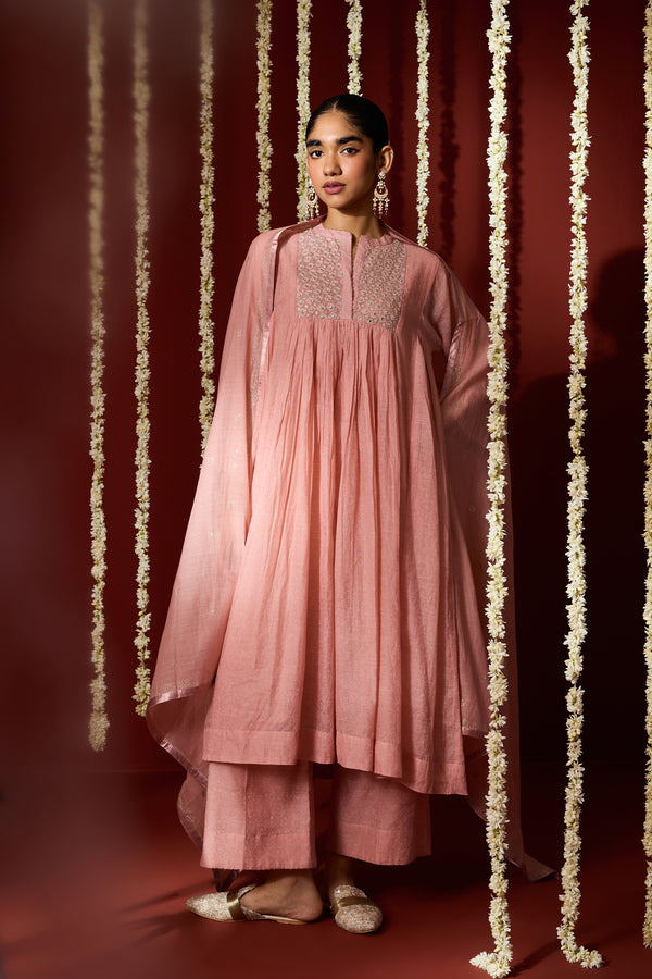 Chanderi Hand Embroidered Kurta - Pink