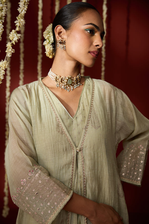 Chanderi Hand Embroidered Kurta - Green