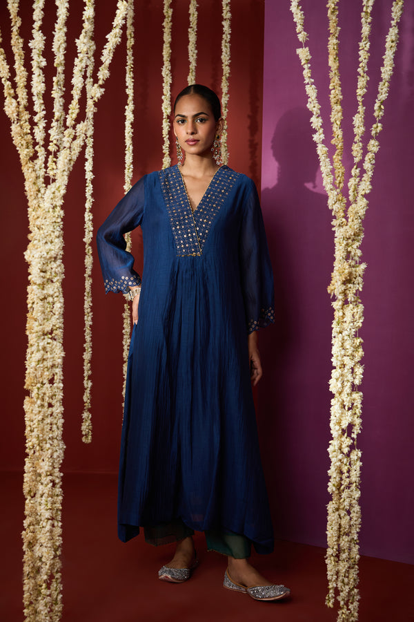 Chanderi Hand Embroidered Kurta - Blue